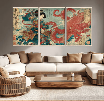 68844327-MGV-CV-36X24-Tsukioka Yoshitoshi Samurai Wall Art Print, Japanese Katana Warrior Canvas Wall Art, Octopus Sea Monster Canvas Print,