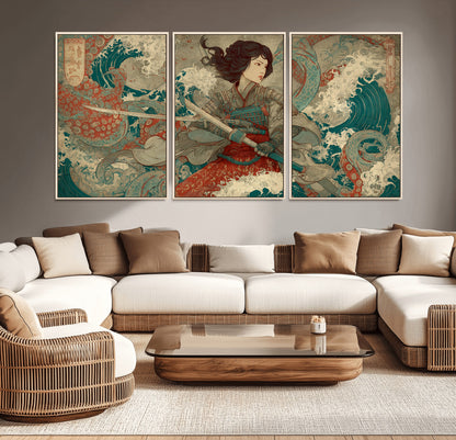 63377977-MGV-CV-36X24-Tsukioka Yoshitoshi Samurai Wall Art Print, Japanese Katana Warrior Canvas Wall Art, Octopus Sea Monster Canvas Print,