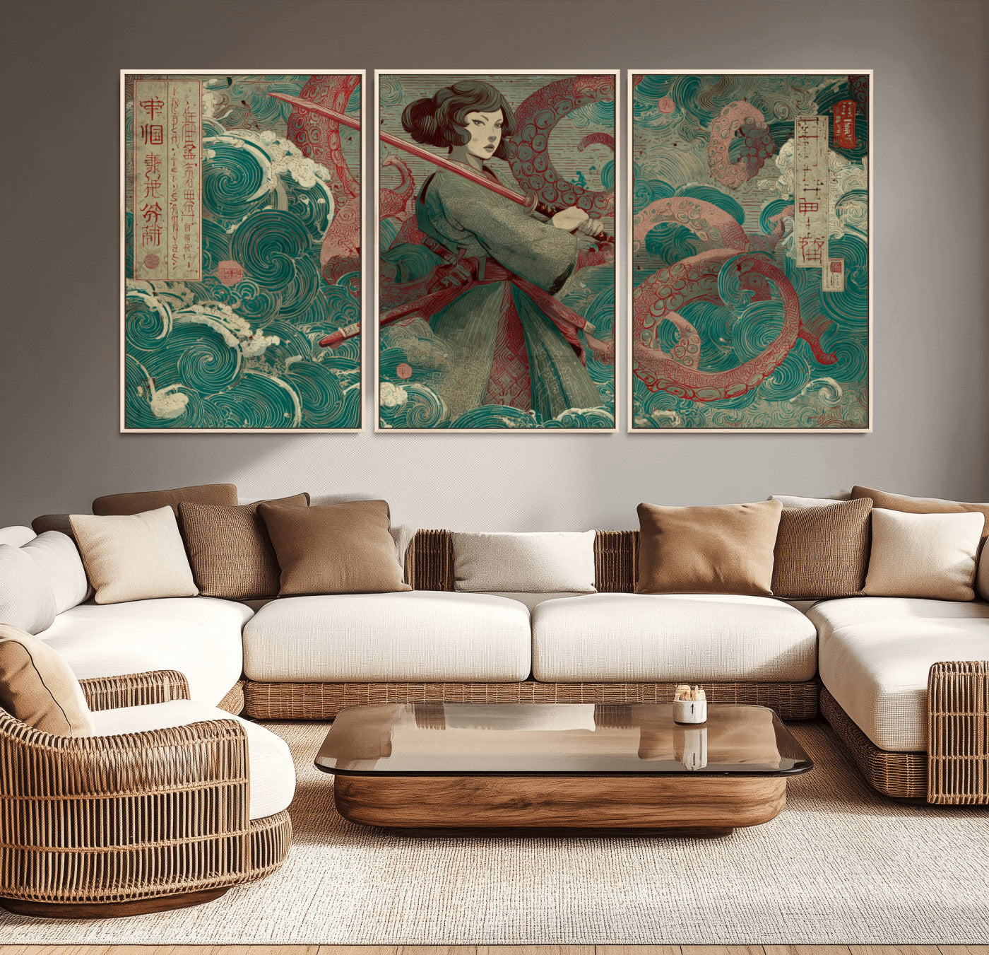 91666601-MGV-CV-36X24-Samurai Woman vs Octopus Wall Art – Japanese Ukiyo-e Green Robe Canvas Print, Ocean Battle Artwork for Living Room, Office, Man