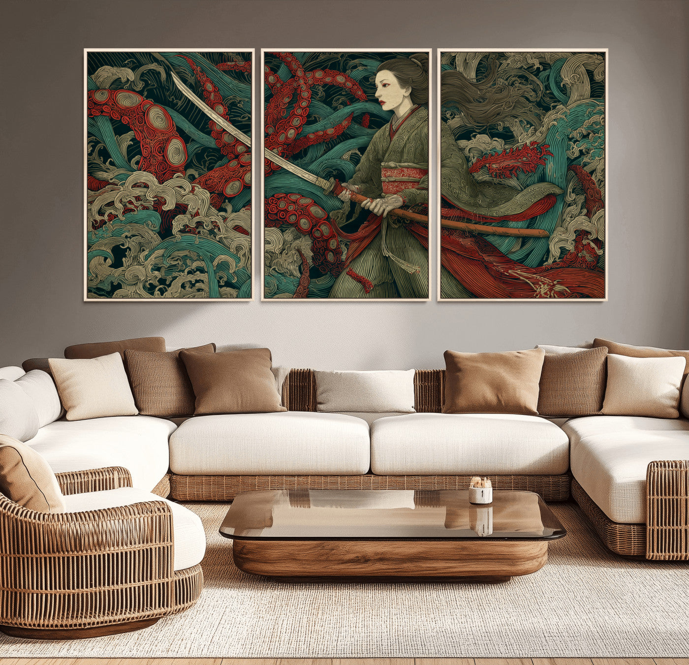 18902796-MGV-CV-36X24-Samurai Woman vs Octopus Wall Art – Japanese Ukiyo-e Green Kimono Canvas Print, Ocean Battle Scene Artwork for Living Room,