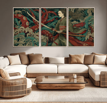18902796-MGV-CV-36X24-Samurai Woman vs Octopus Wall Art – Japanese Ukiyo-e Green Kimono Canvas Print, Ocean Battle Scene Artwork for Living Room,