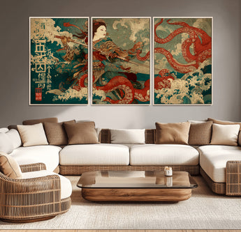 60201267-MGV-CV-36X24-Samurai Woman vs Octopus Wall Art – Japanese Ukiyo-e Armor Canvas Print, Red Tentacle Ocean Battle Artwork for Living Room,