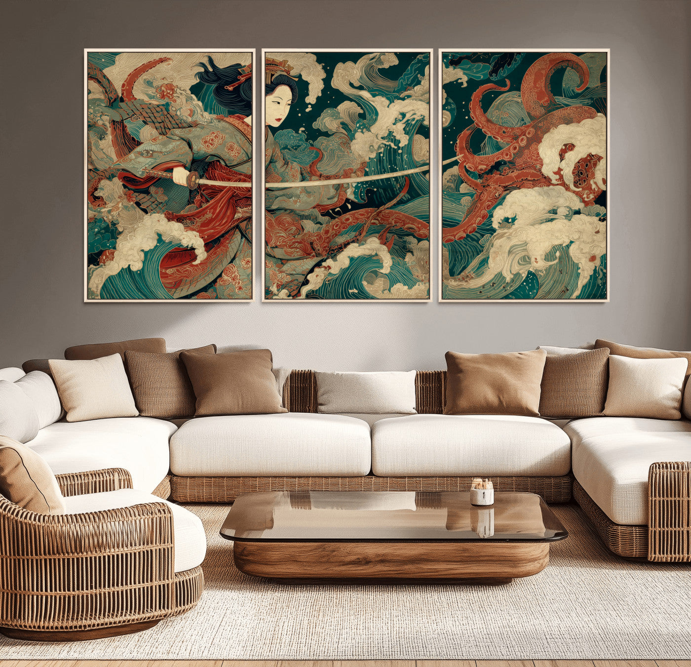 30212982-MGV-CV-36X24-Samurai Woman vs Octopus Wall Art – Japanese Ukiyo-e Style Warrior and Sea Monster Canvas Print, Mythology Inspired Artwork for