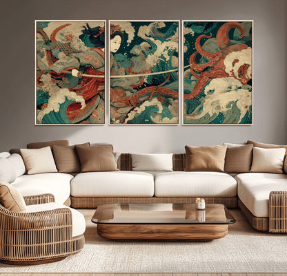 30212982-MGV-CV-36X24-Samurai Woman vs Octopus Wall Art – Japanese Ukiyo-e Style Warrior and Sea Monster Canvas Print, Mythology Inspired Artwork for