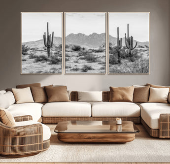 97436PHN-MGV-FC-60X30-3P_Natural-Desert Landscape Wall Art – Black and White Cactus and Mountain Canvas Print, Southwestern Nature Photography for Living Room,