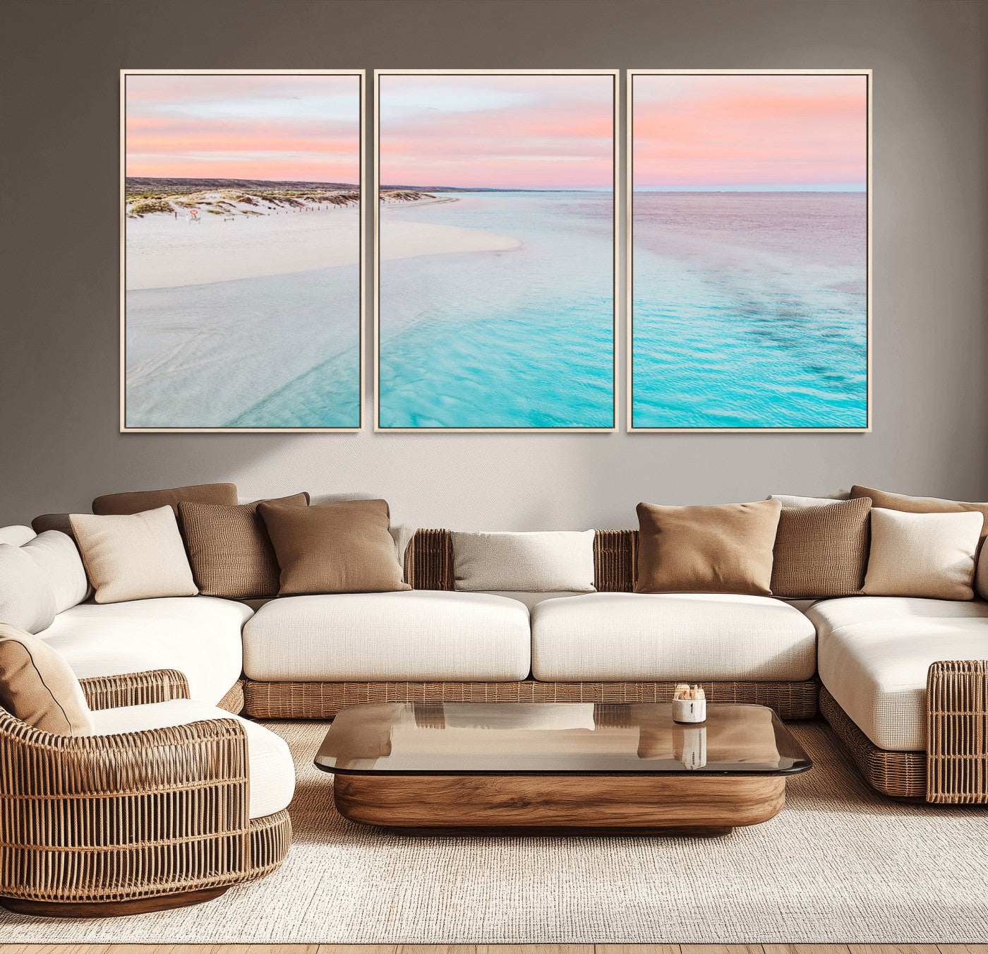 41613614-MGV-CV-36X24-Beach Sunset Wall Art – Pastel Ocean Canvas Print, Turquoise Water and Pink Sky Photography Decor for Bedroom, Living Room, Office