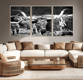 15425553-MGV-CV-36X24-Western Wall Art – Longhorn Cattle Black and White Canvas Print, Rustic Ranch Photography Decor for Bedroom, Living Room, Office,