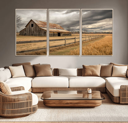 21991117-MGV-FC-60X30-3P_Natural-Rustic Barn Wall Art – Weathered Farmhouse Canvas Print, Stormy Sky and Golden Field Photography Decor for Bedroom, Living Room,