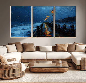 48300530-MGV-CV-36X24-Dark Stormy Pier Canvas Wall Art – Moody Ocean Night Scene with Street Lamps, Blue Coastal Seascape Print for Bedroom, Office, or