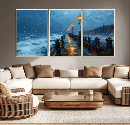 93793246-MGV-CV-36X24-Stormy Night Pier Canvas Wall Art – Moody Ocean Landscape with Lights, Blue Coastal Seascape Print for Bedroom, Living Room,