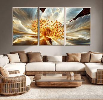 20862576-MGV-CV-36X24-Golden Abstract Flower Canvas Wall Art – Modern Botanical Bloom Print, Elegant Floral Artwork for Living Room, Bedroom, Office