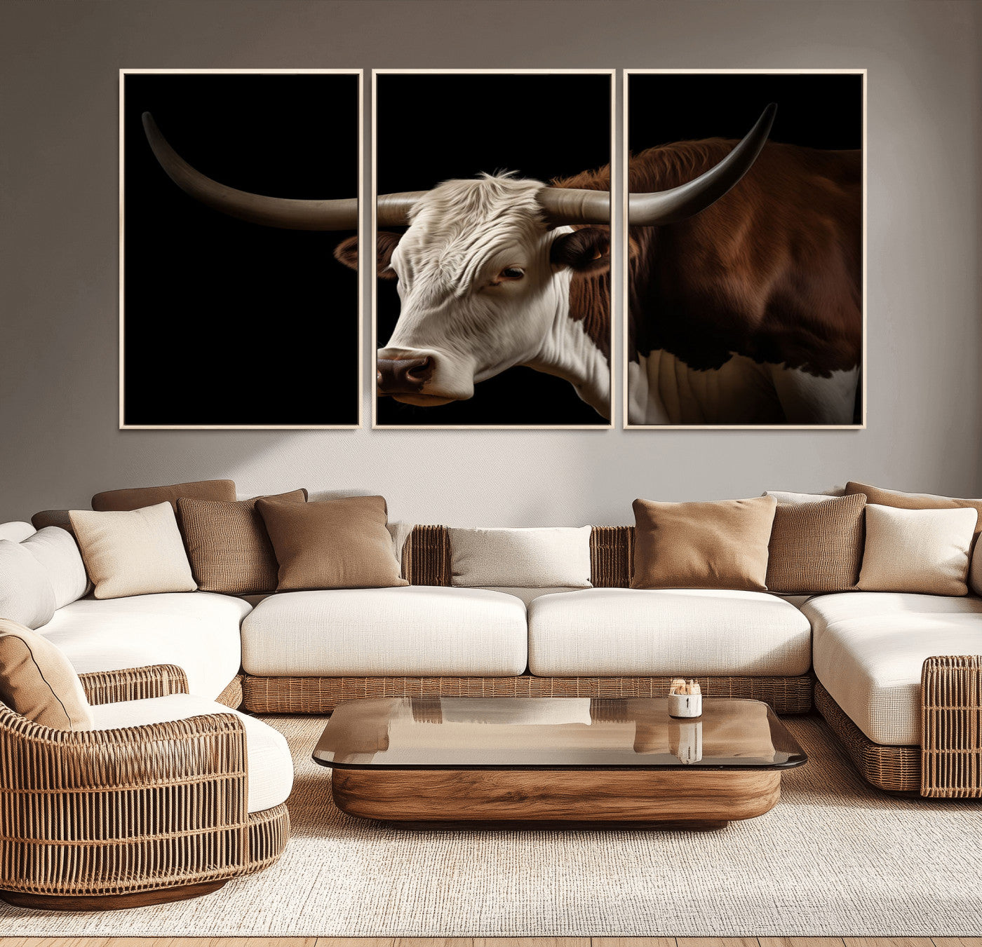27414857-MGV-CV-36X24-Texas Longhorn Bull Canvas Wall Art – Rustic Western Farmhouse Decor, Brown & White Cow Portrait, Animal Print for Ranch Home