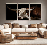 27414857-MGV-CV-36X24-Texas Longhorn Bull Canvas Wall Art – Rustic Western Farmhouse Decor, Brown & White Cow Portrait, Animal Print for Ranch Home