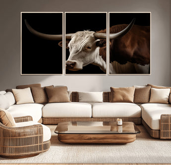 27414857-MGV-CV-36X24-Texas Longhorn Bull Canvas Wall Art – Rustic Western Farmhouse Decor, Brown & White Cow Portrait, Animal Print for Ranch Home