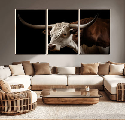 27414857-MGV-CV-36X24-Longhorn Bull Wall Art – Dramatic Western Steer Portrait Canvas Print, Rustic Farmhouse Animal Decor for Living Room, Office, or