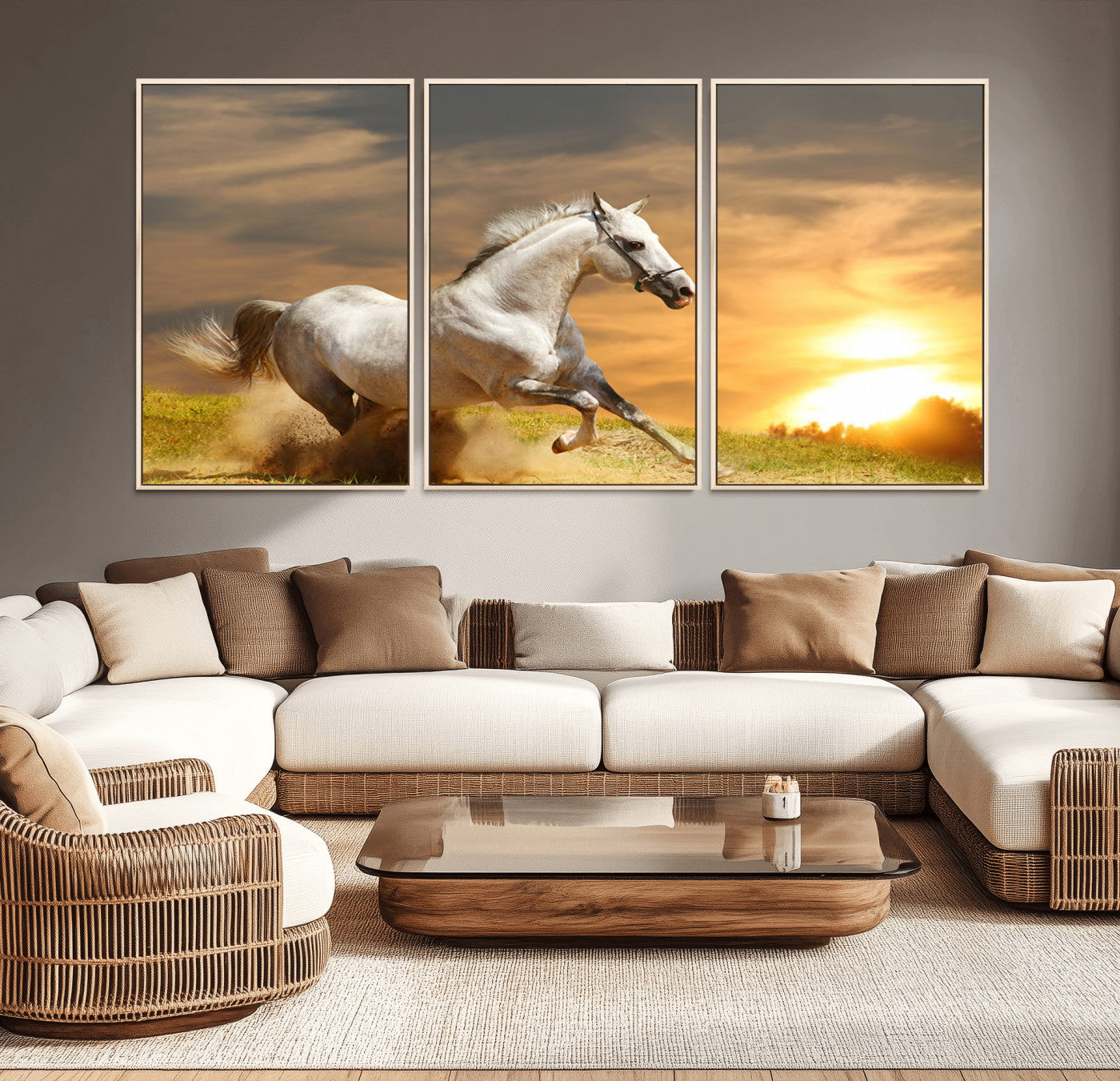 67478480-MGV-CV-36X24-White Horse Running at Sunset Wall Art – Majestic Equestrian Photography Print, Rustic Farmhouse Decor, Golden Sky Horse Lover
