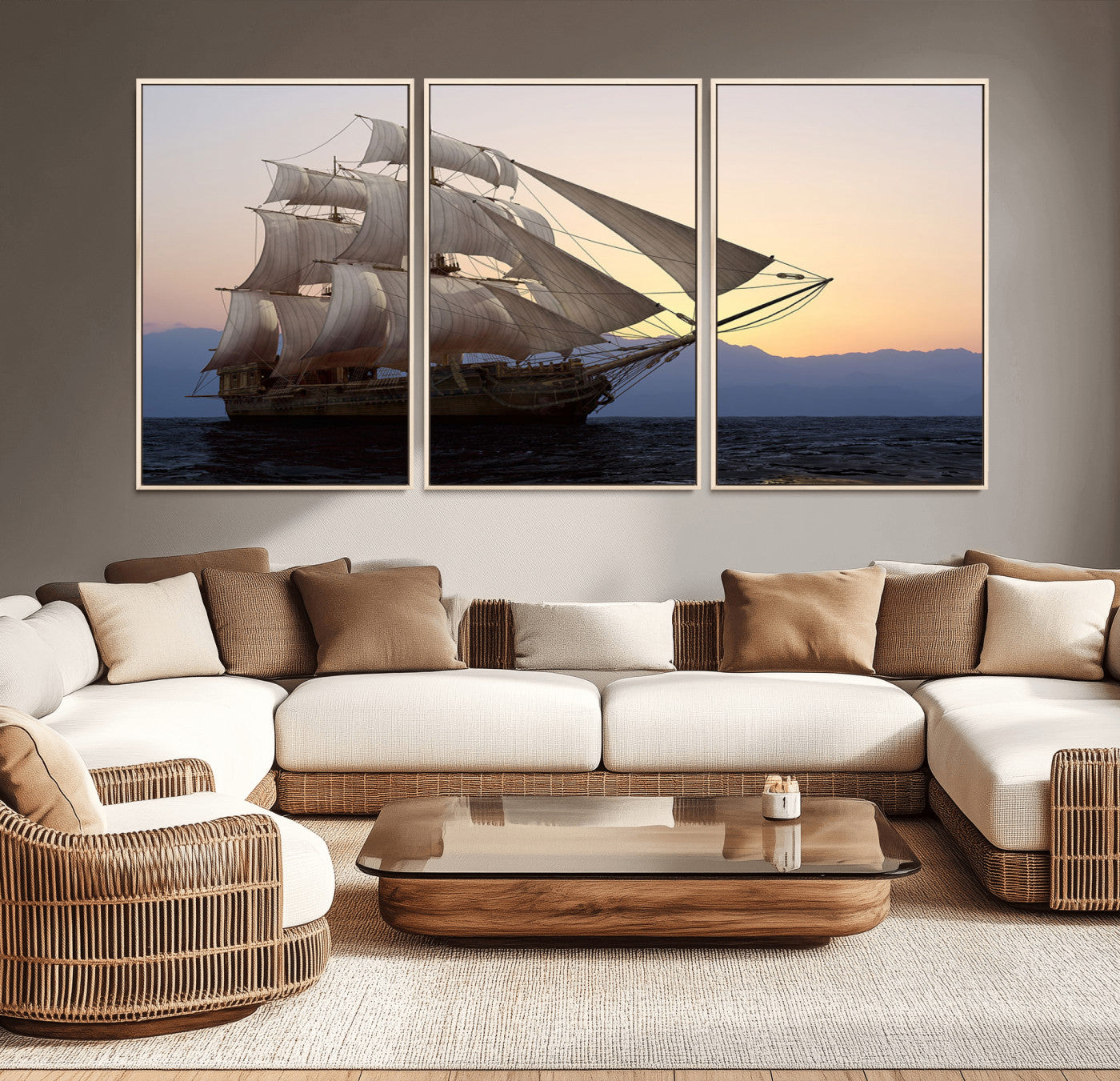 99957679-MGV-CV-36X24-Majestic Sailing Ship Wall Art – Sunset Ocean Voyage, Classic Tall Ship with Wind Filled Sails Canvas Print for Home, Office,