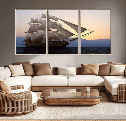 99957679-MGV-CV-36X24-Majestic Sailing Ship Wall Art – Sunset Ocean Voyage, Classic Tall Ship with Wind Filled Sails Canvas Print for Home, Office,