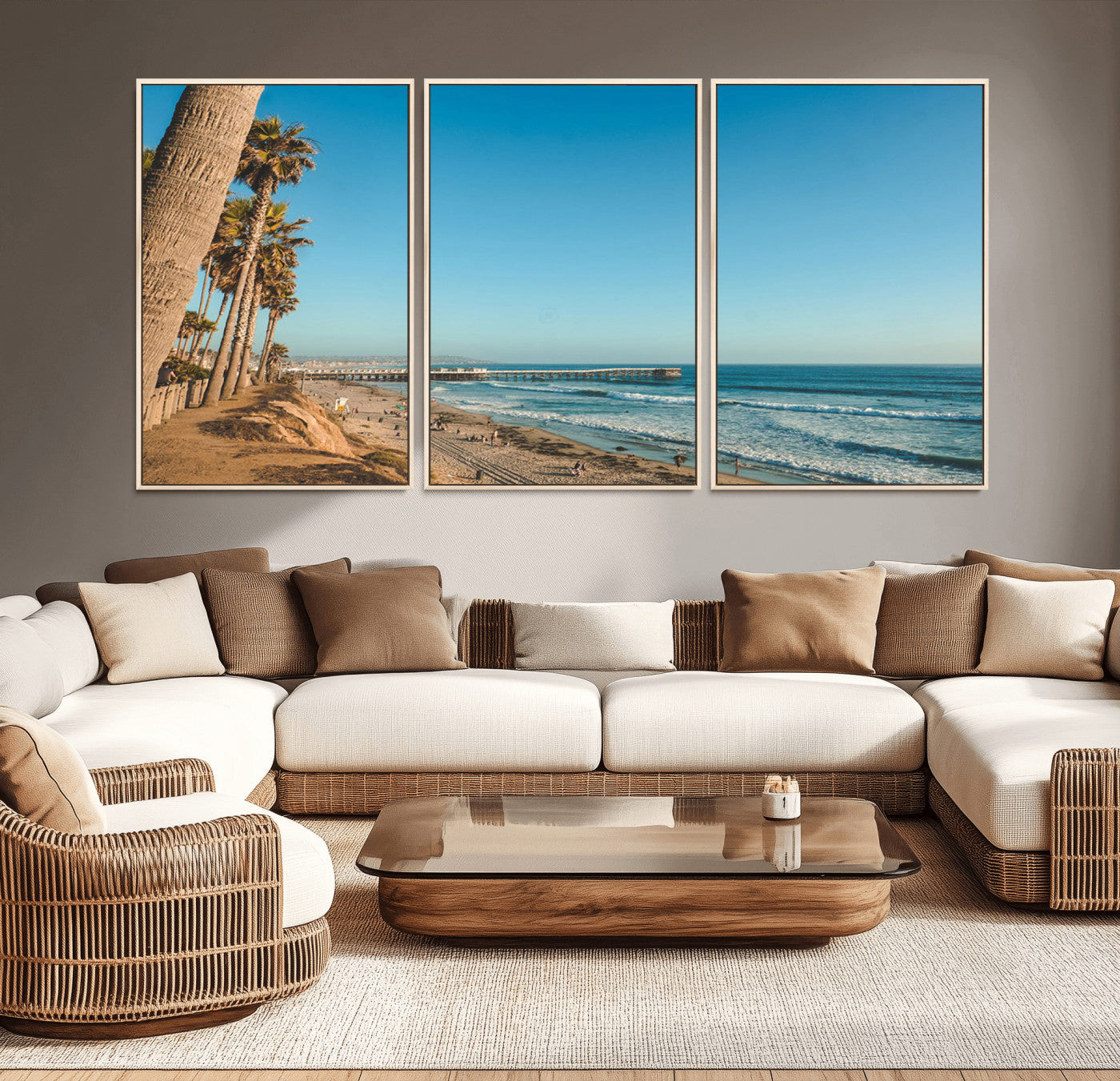 92568259-MGV-CV-36X24-California Beach Wall Art – Palm Tree Pier Canvas Print, Coastal Ocean Photography Seaside Decor for Living Room, Bedroom, Office,
