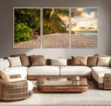 89531159-MGV-FC-60X30-3P_Natural-Tropical Beach Sunset Canvas Wall Art – Palm Trees Golden Sand Ocean Waves Coastal Paradise Print for Beach House Bedroom Bathroom