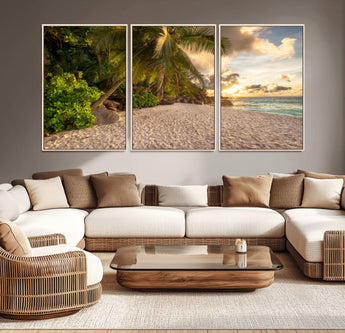 89531159-MGV-FC-60X30-3P_Natural-Tropical Beach Sunset Canvas Wall Art – Palm Trees Golden Sand Ocean Waves Coastal Paradise Print for Beach House Bedroom Bathroom