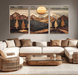 90044381-MGV-CV-36X24-Rustic Wall Art – Wooden Mountain Landscape with Sun and Pine Trees, Handcrafted Nature Canvas Style Decor for Bedroom, Living