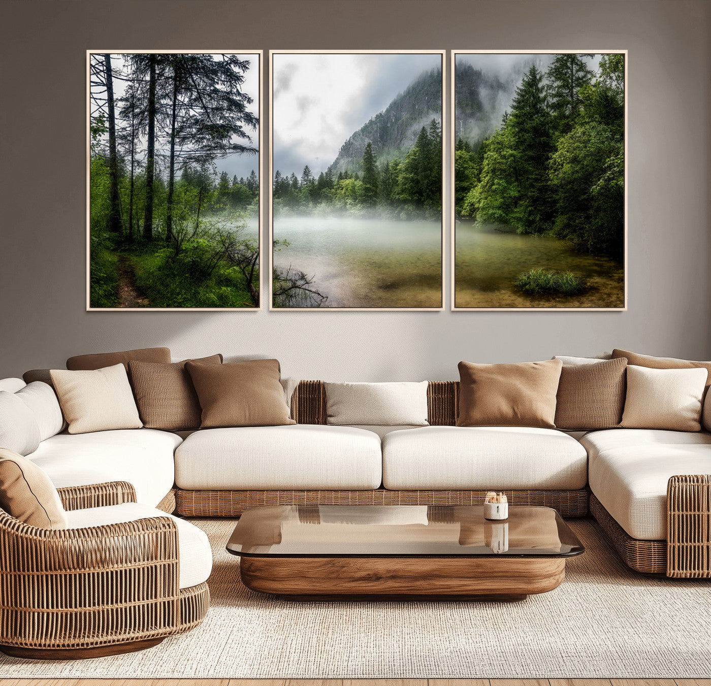 93123937-MGV-CV-36X24-Landscape Wall Art – Misty Mountain Lake Canvas Print, Tranquil Forest and Waterfall Photography Decor for Bedroom, Living Room,