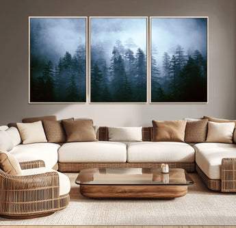 93439624-MGV-CV-36X24-Forest Wall Art – Misty Pine Trees Canvas Print, Moody Nature Photography Decor for Bedroom, Living Room, Office, Cabin, Lodge or