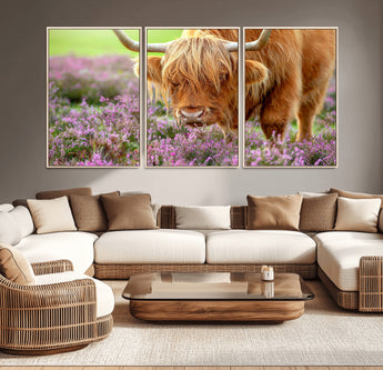 64069351-MGV-CV-36X24-Farmhouse Wall Art – Highland Cow in Wildflowers Canvas Print, Rustic Country Cattle Photography Decor for Bedroom, Living Room,