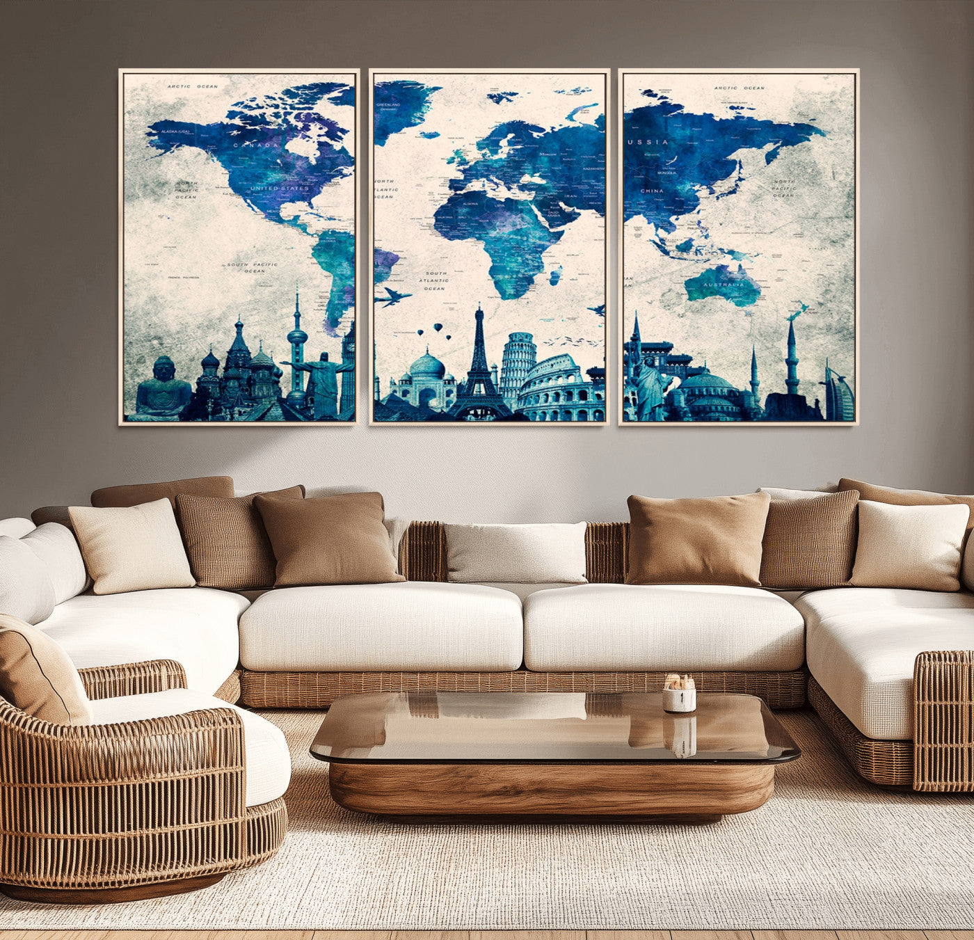 MGV-FC-60X30-3P - Blue World Map Wall Art Canvas Print, Framed Iconic Landmarks Art Picture Print, Blue Globe Map Perfect Elegant Explorer Decor Artwork