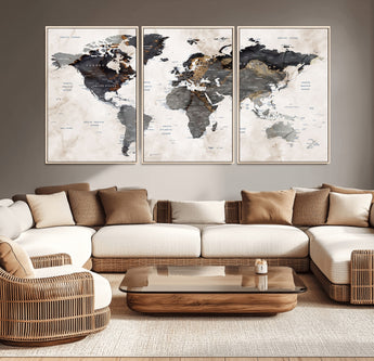 MGV-FC-60X30-3P - World Map Wall Art Canvas Print, Framed Rustic Map Art Picture Print, Antique Map Perfect Rustic Explorer Decor Artwork