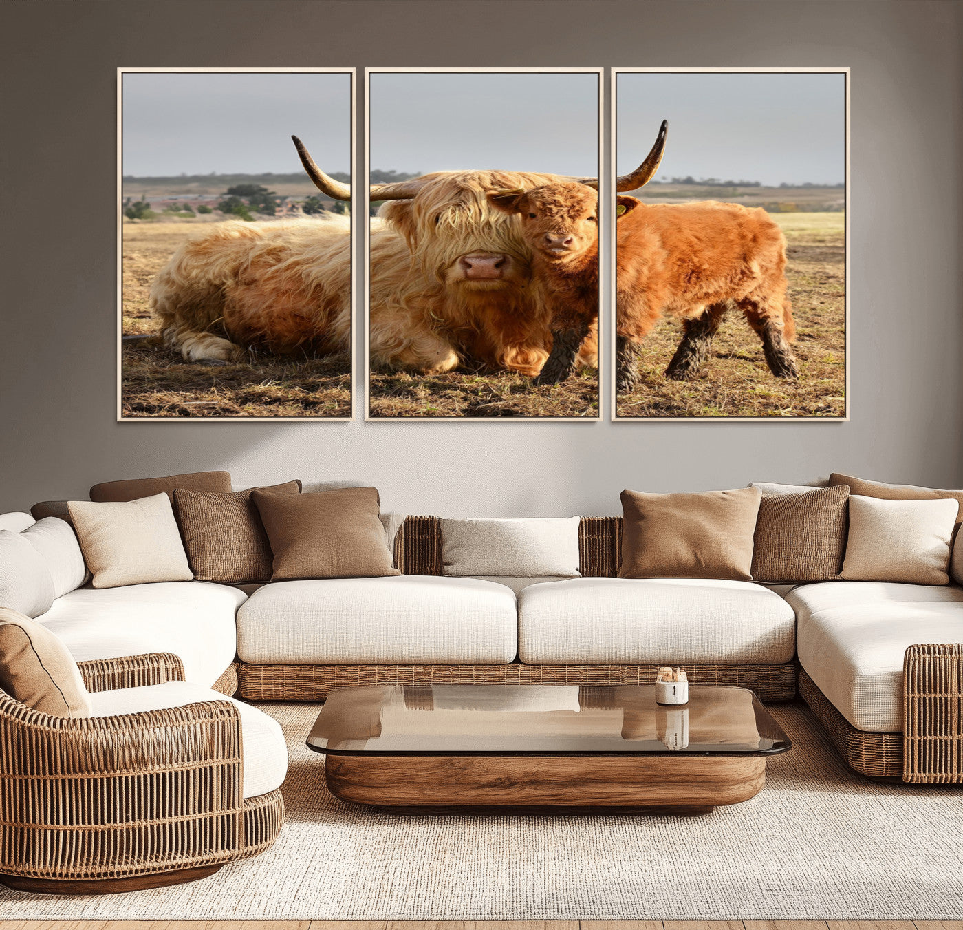 88780-MGV-CV-36X24-Highland Cow Wall Art Canvas Print, Framed Cow Calf Art Picture Print, Scottish Cattle Perfect Rustic Farmhouse Decor Artwork