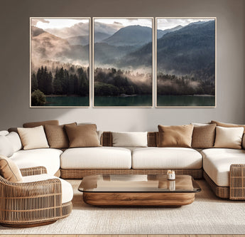 64758-MGV-CV-36X24-Misty Mountains Wall Art Canvas Print, Framed Moody Pines Art Picture Print, Forest Lake Perfect Moody Alpine Decor Artwork