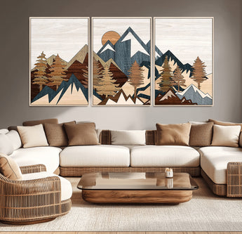 80300-MGV-CV-36X24-Geometric Mountains Wall Art Canvas Print, Framed Stylized Trees Art Picture Print, Graphic Forest Perfect Rustic Abstract Decor
