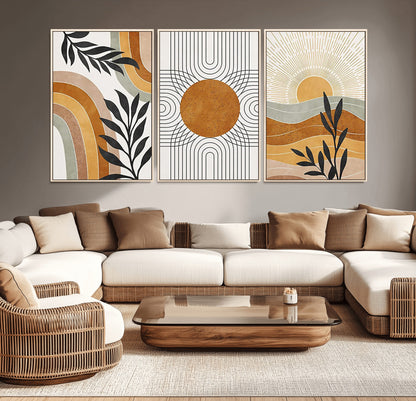 32359-MGV-CV-36X24-Modern Sun Wall Art Canvas Print, Framed Retro Horizon Art Picture Print, Sunburst Design Perfect Mid Century Boho Decor Artwork