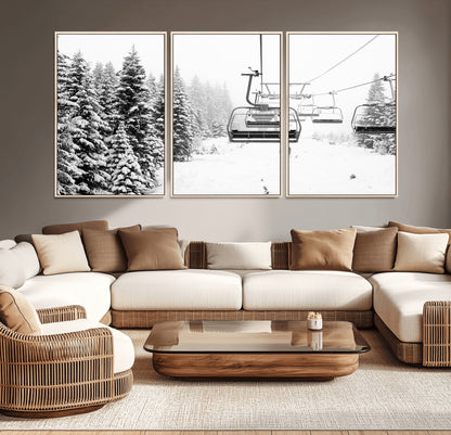 49274-MGV-CV-36X24-Snowy Forest Wall Art Canvas Print, Framed Ski Lift Art Picture Print, Mountain Snow Perfect Minimal Winter Lodge Decor Artwork
