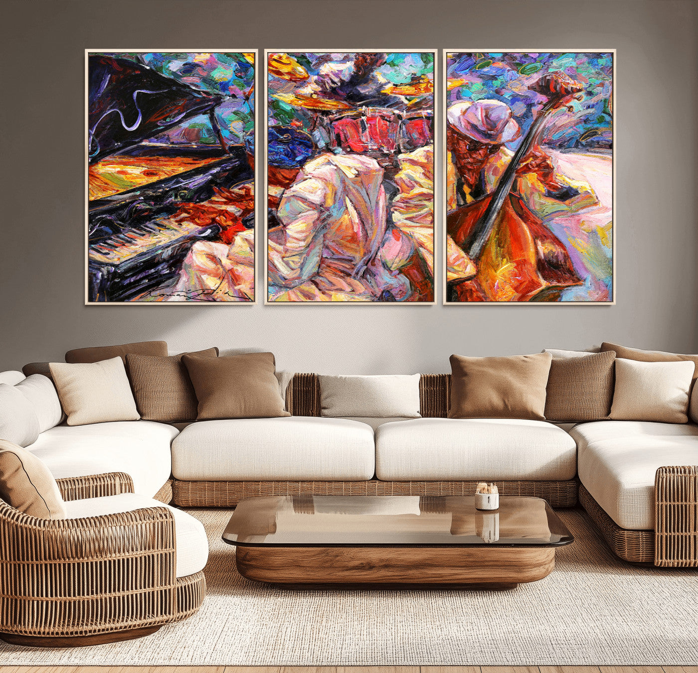 13675-MGV-CV-36X24-Jazz Band Wall Art Canvas Print, Framed Jazz Oil Painting Art Picture Print, Vibrant Music Perfect Abstract Musical Decor Artwork