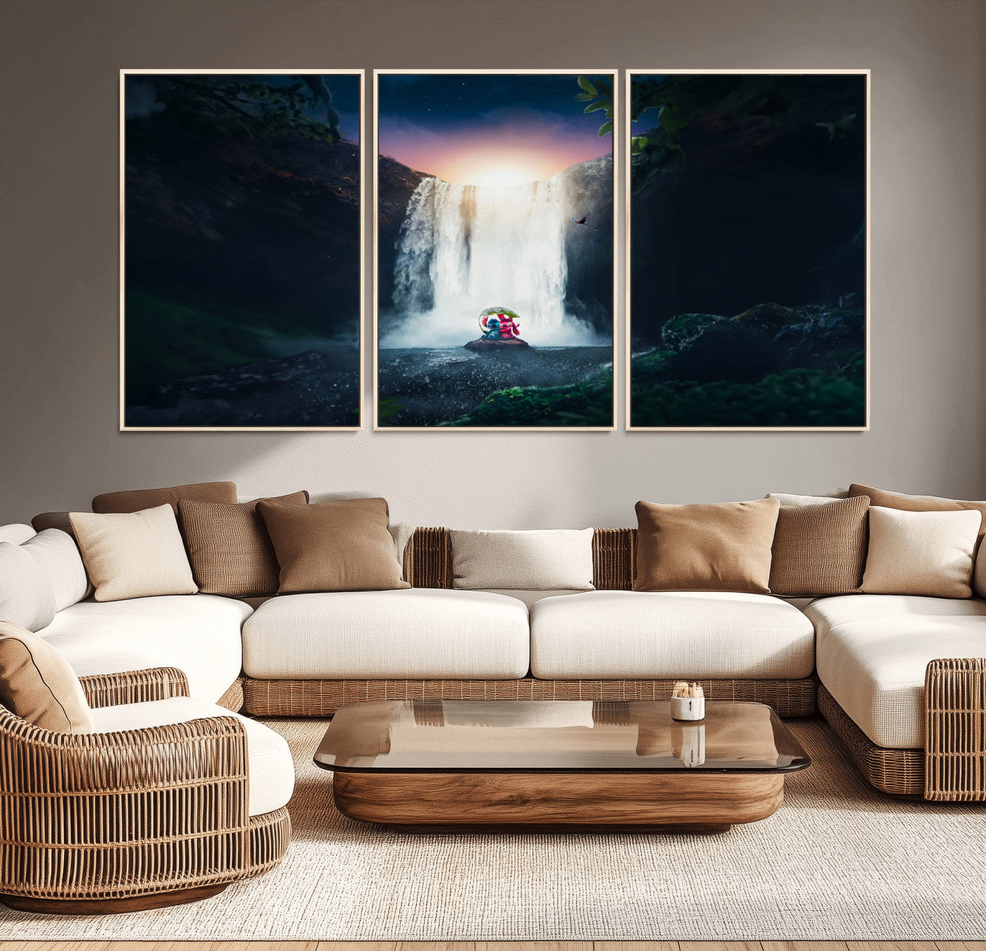 56359-MGV-CV-36X24-Lilo Stitch Wall Art Canvas Print, Framed Stitch Angel Art Picture Print, Cartoon Waterfall Perfect Tropical Fantasy Decor Artwork