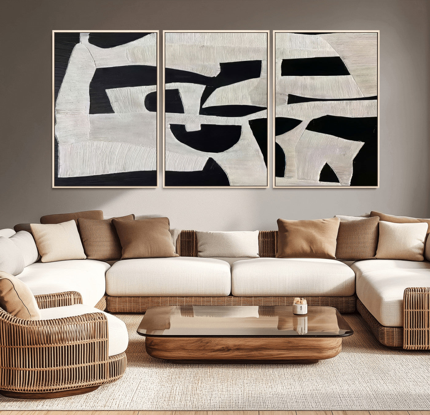 33714-MGV-CV-36X24-Monochrome Design Wall Art Canvas Print, Framed Modern Linework Art Picture Print, Textured Shapes Perfect Monochrome Modern Decor