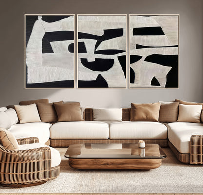 33714-MGV-CV-36X24-Monochrome Design Wall Art Canvas Print, Framed Modern Linework Art Picture Print, Textured Shapes Perfect Monochrome Modern Decor