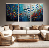 89626-MGV-CV-36X24-Fish Swarm Wall Art Canvas Print, Framed Abstract Ocean Art Picture Print, Underwater Life Perfect Vibrant Coastal Decor Artwork