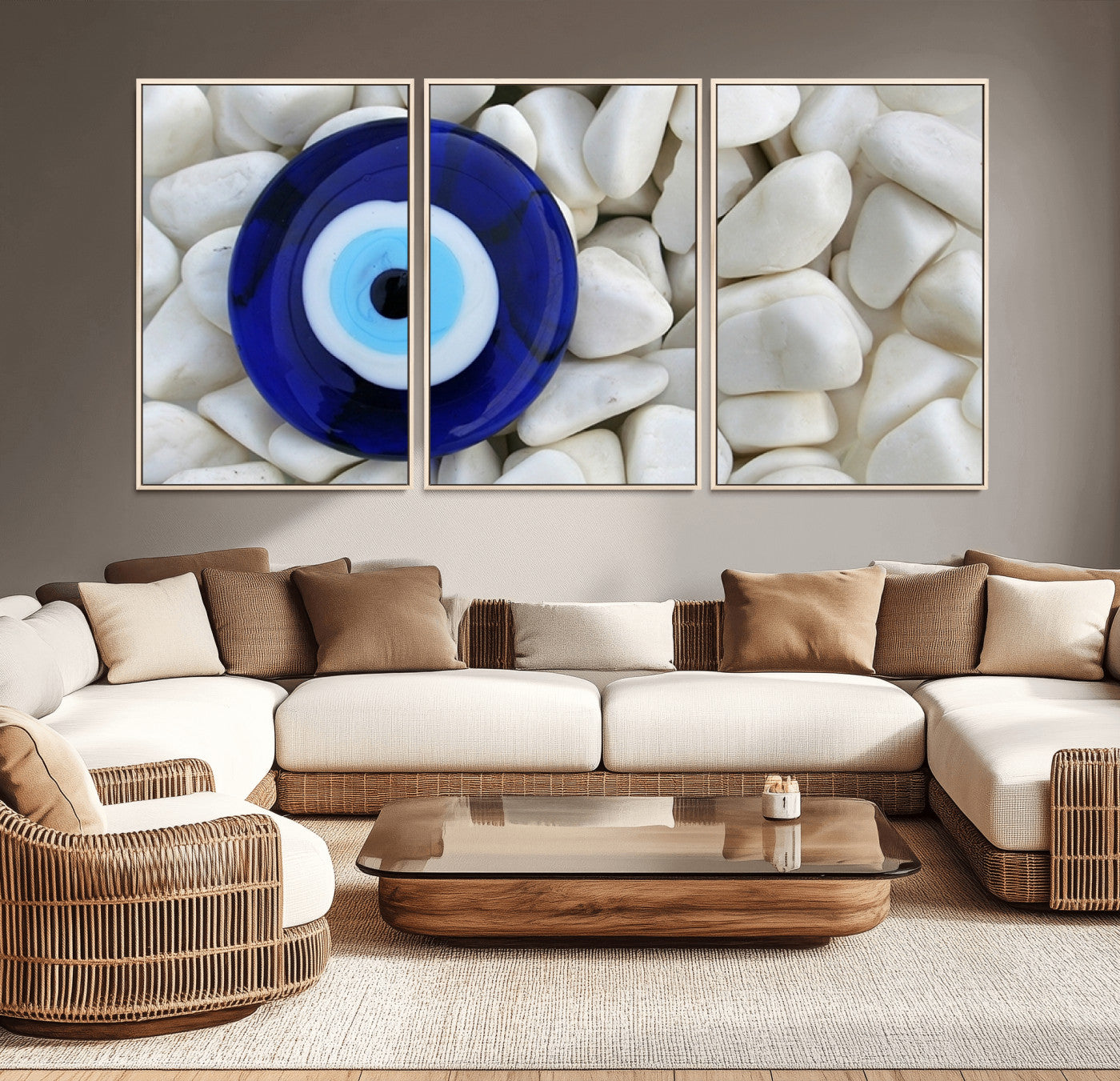 48883-MGV-CV-36X24-Evil Eye Wall Art – Deep Blue Symbol of Presence and Calm on White Stones, Subtle Spiritual Decor for Entryway, Studio, Office or