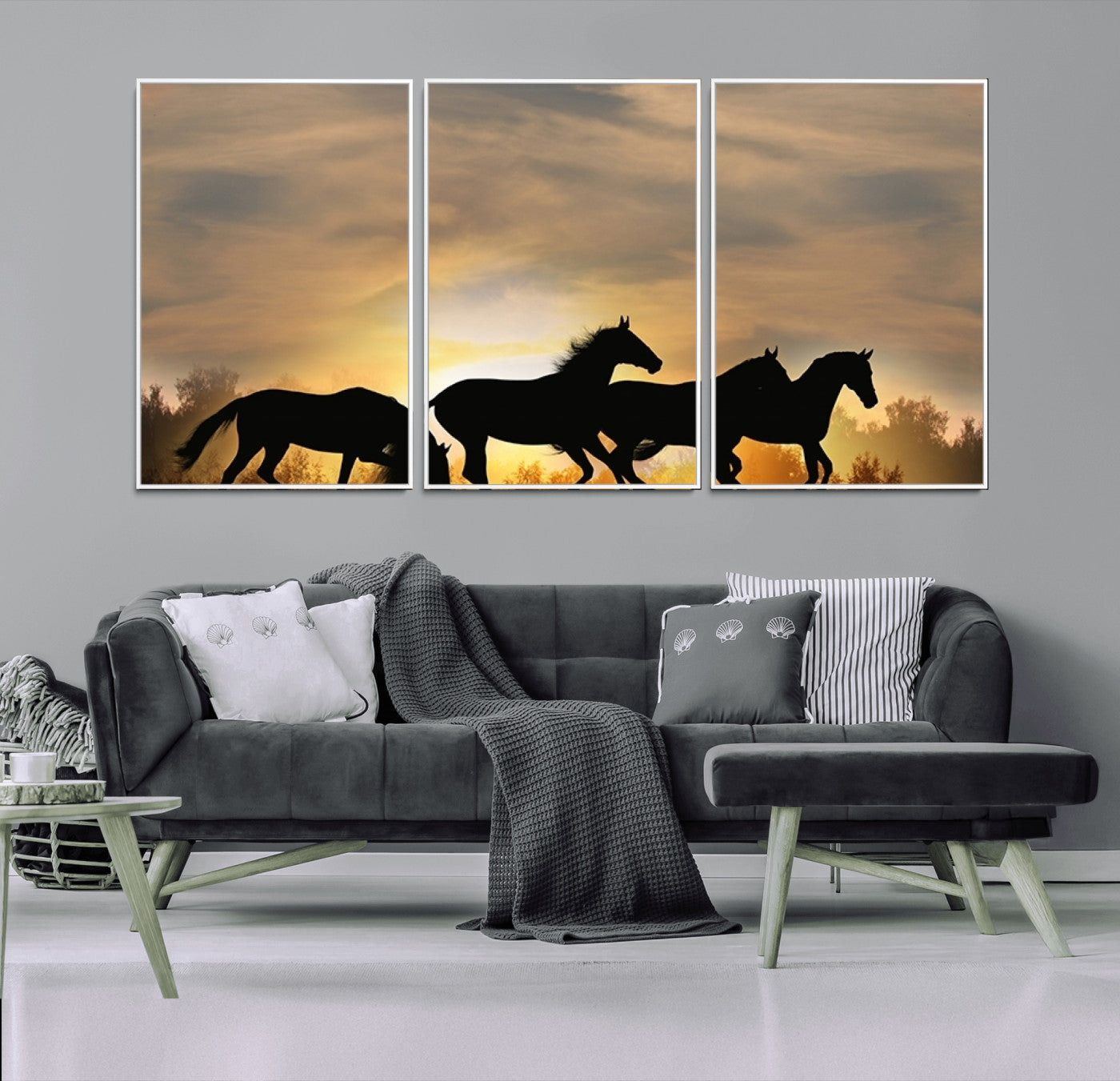 16620-MGV-FC-60X30-3P_White-Sunset Stallions Wall Art – Silhouetted Horses Running Canvas Print, Nature’s Rhythm, Perfect for Living Room, Office, or Man Cave