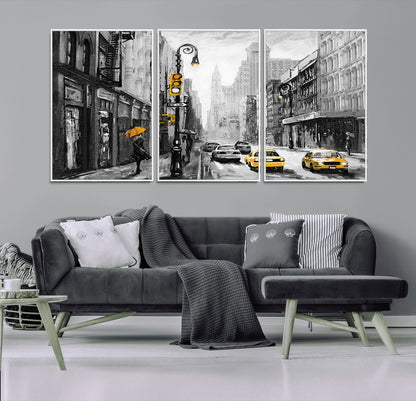 32362-MGV-FC-60X30-3P_White-NYC Street Wall Art – Black and White Cityscape with Yellow Taxis and Umbrella Canvas Print, Urban Home Decor for Living Room or