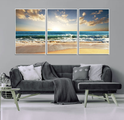 13139-MGV-CV-36X24-Sunrise Beach Wall Art – Ocean Waves and Golden Sand Canvas Print, Coastal Home Decor for Living Room, Bedroom, or Office