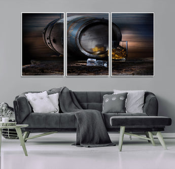 78049-MGV-CV-36X24-Whiskey Barrel Wall Art – Rustic Whiskey Barrel and Glass with Ice Canvas Print, Classic Bar or Lounge Decor for Home, Office, or