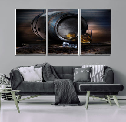 78049-MGV-CV-36X24-Whiskey Barrel Wall Art – Rustic Whiskey Barrel and Glass with Ice Canvas Print, Classic Bar or Lounge Decor for Home, Office, or