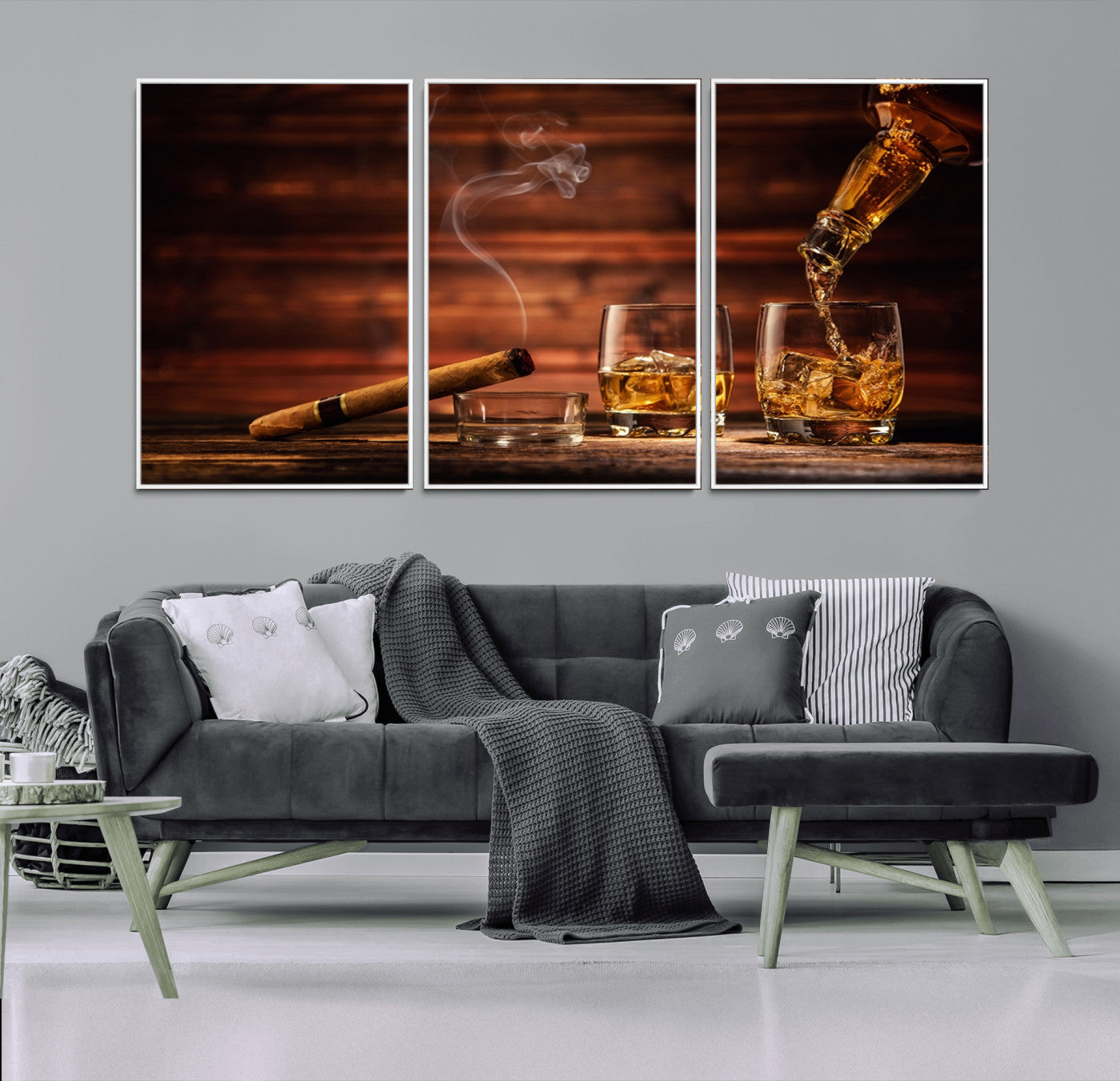 91042-MGV-FC-60X30-3P_White-Whiskey & Cigar Wall Art – Elegant Whiskey Pour and Smoldering Cigar Canvas Print, Sophisticated Bar or Lounge Decor for Home,
