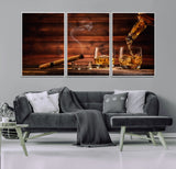 91042-MGV-FC-60X30-3P_White-Whiskey & Cigar Wall Art – Elegant Whiskey Pour and Smoldering Cigar Canvas Print, Sophisticated Bar or Lounge Decor for Home,