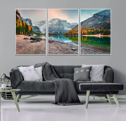25982-MGV-CV-36X24-Autumn Mountain Lake Wall Art – Panoramic Fall Foliage and Snowy Peaks Canvas Print, Scenic Nature Decor for Living Room or Office